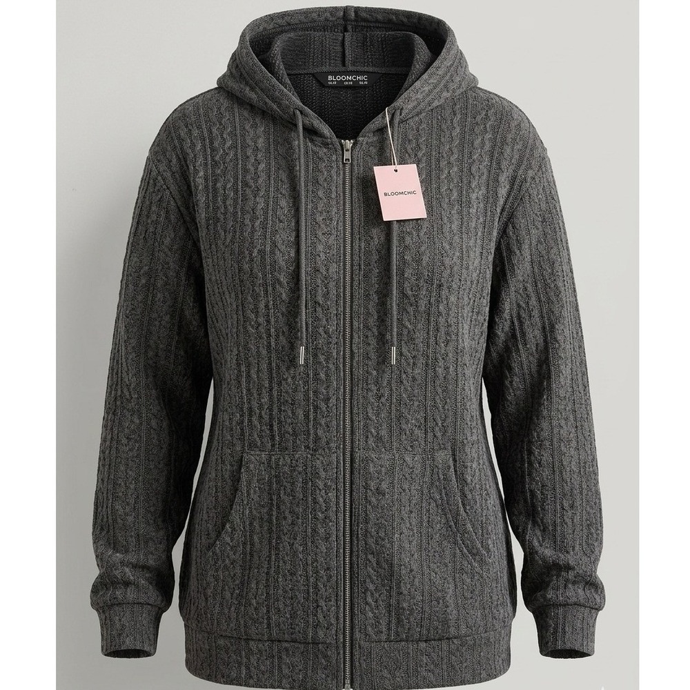 BloomChic Plus Sz‎ UK 28 US 4X Grey Cable Knit Hood Zip Sweater Utility Gorpcore